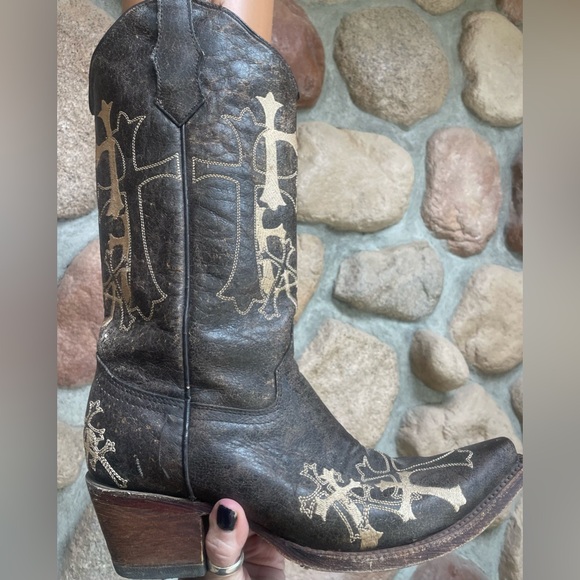 CIRCLE G Brown Leather CROSS Snip Toe COWGIRL Boots 8.5M - Picture 2 of 11